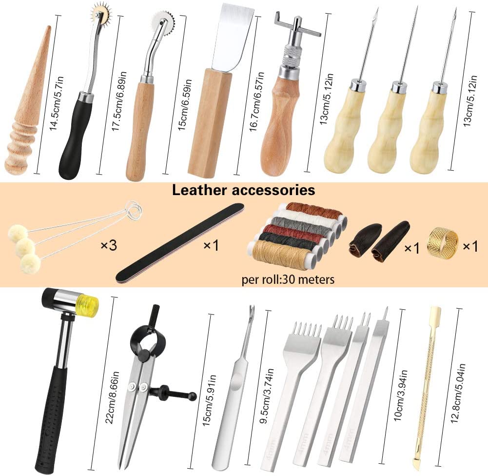 Leather Working Tools and Supplies Leather Craft Kits, Leather Sewing Kit,  Leather Starter Kit with Wax Ropes, Prong Punch, Awl, Belt Holes Templates